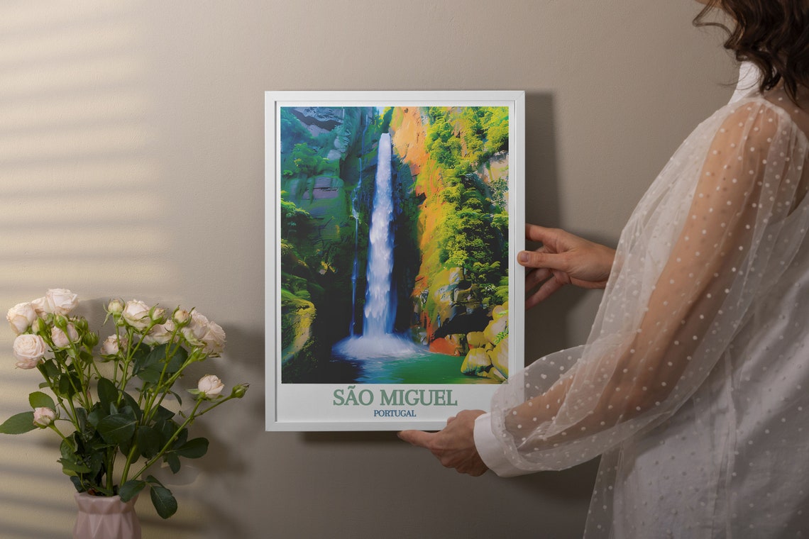 Salto do Cabrito Waterfall Lush Azores Canyon Portugal Travel Poster - Image 2