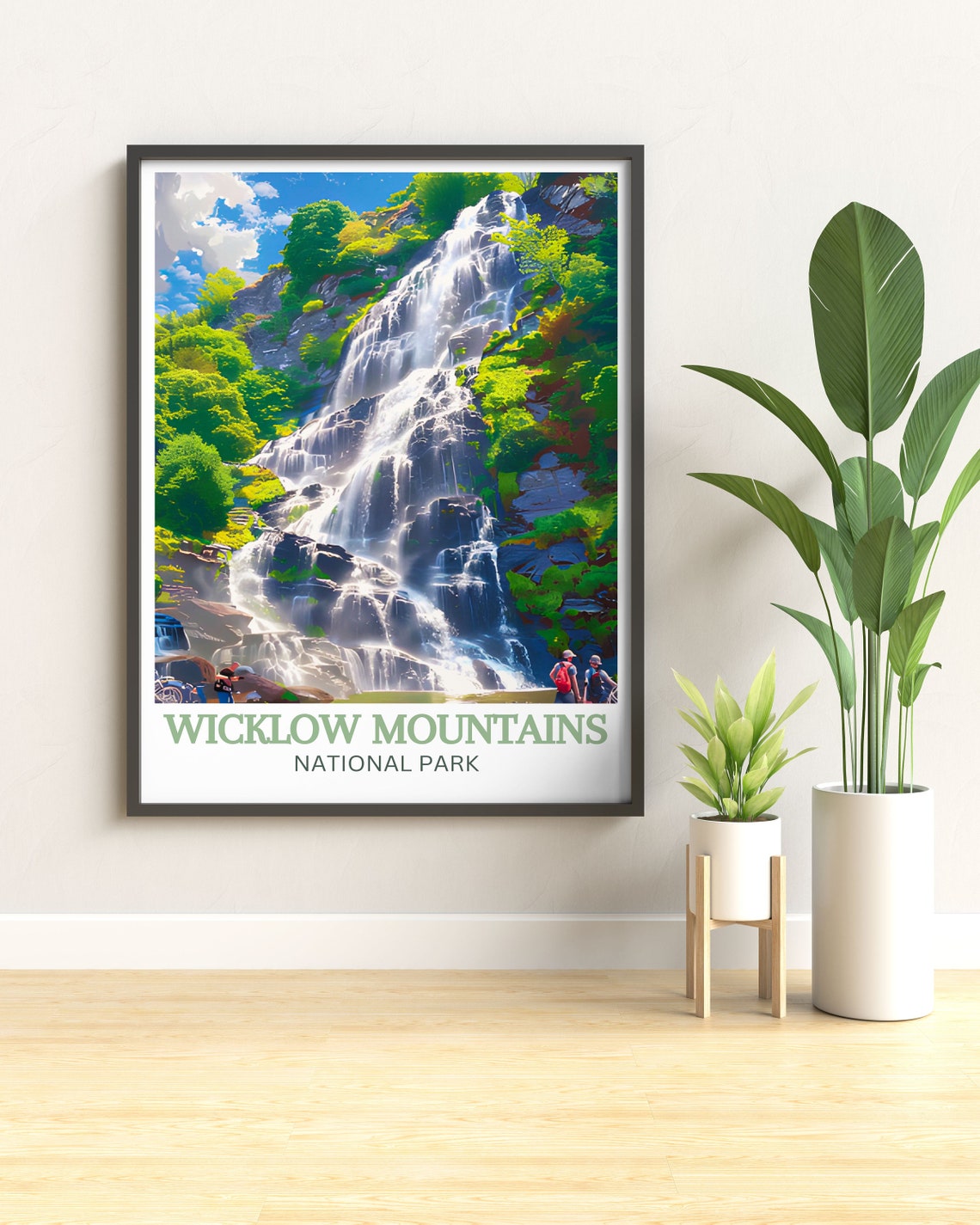 Wicklow Mountains Tall Waterfall Green Forest Hikers Ireland Poster - Image 2