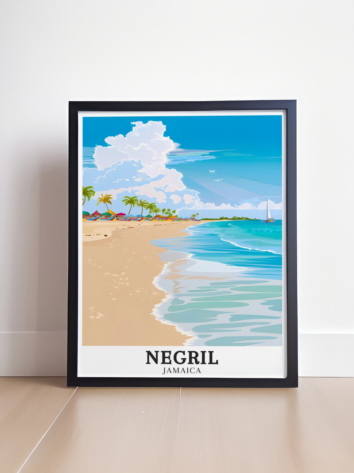 Negril Seven Mile Beach Umbrellas Palm Jamaica Travel Poster - Image 4