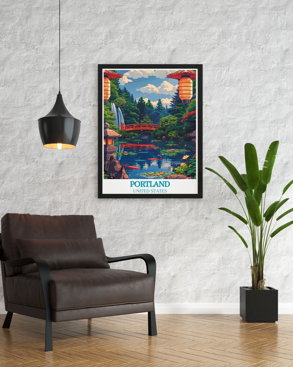 Portland Japanese Garden Red Moon Bridge Koi Pond Lanterns Poster - Image 3
