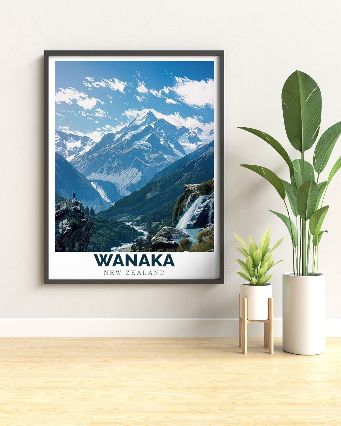 Wanaka New Zealand Mountain Valley Waterfall Hiker Travel Poster - Image 2