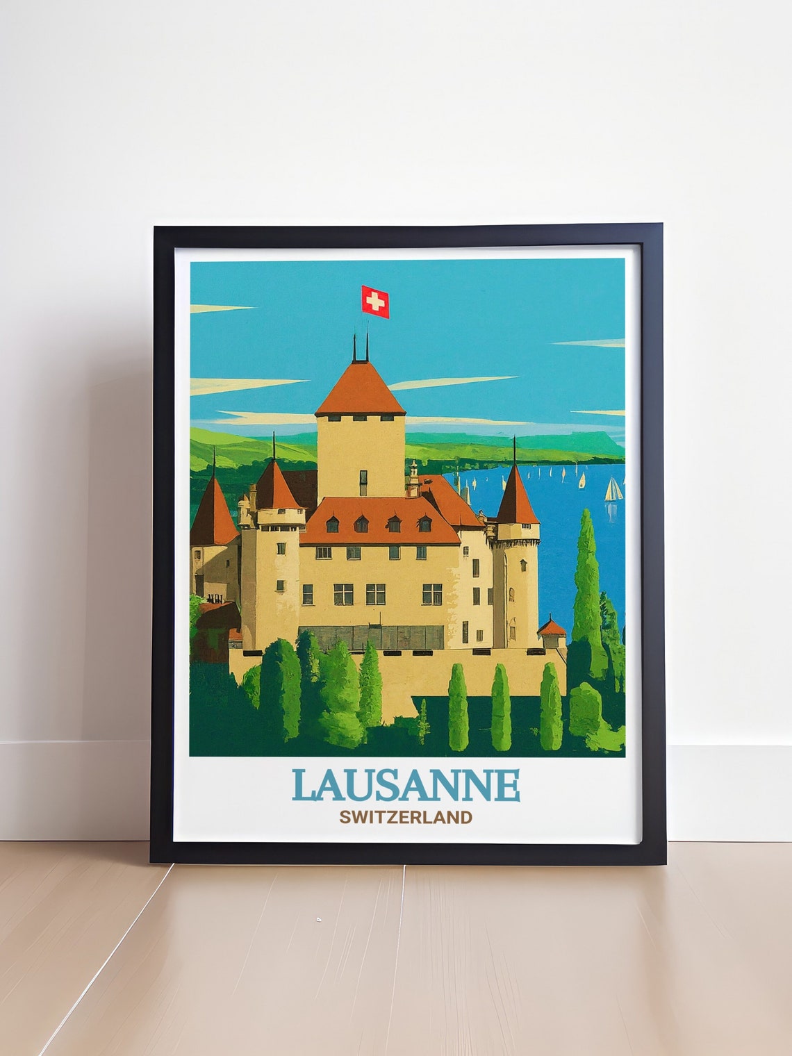 Lausanne Switzerland Chateau Ouchy Castle Lake Geneva Flag Poster - Image 4