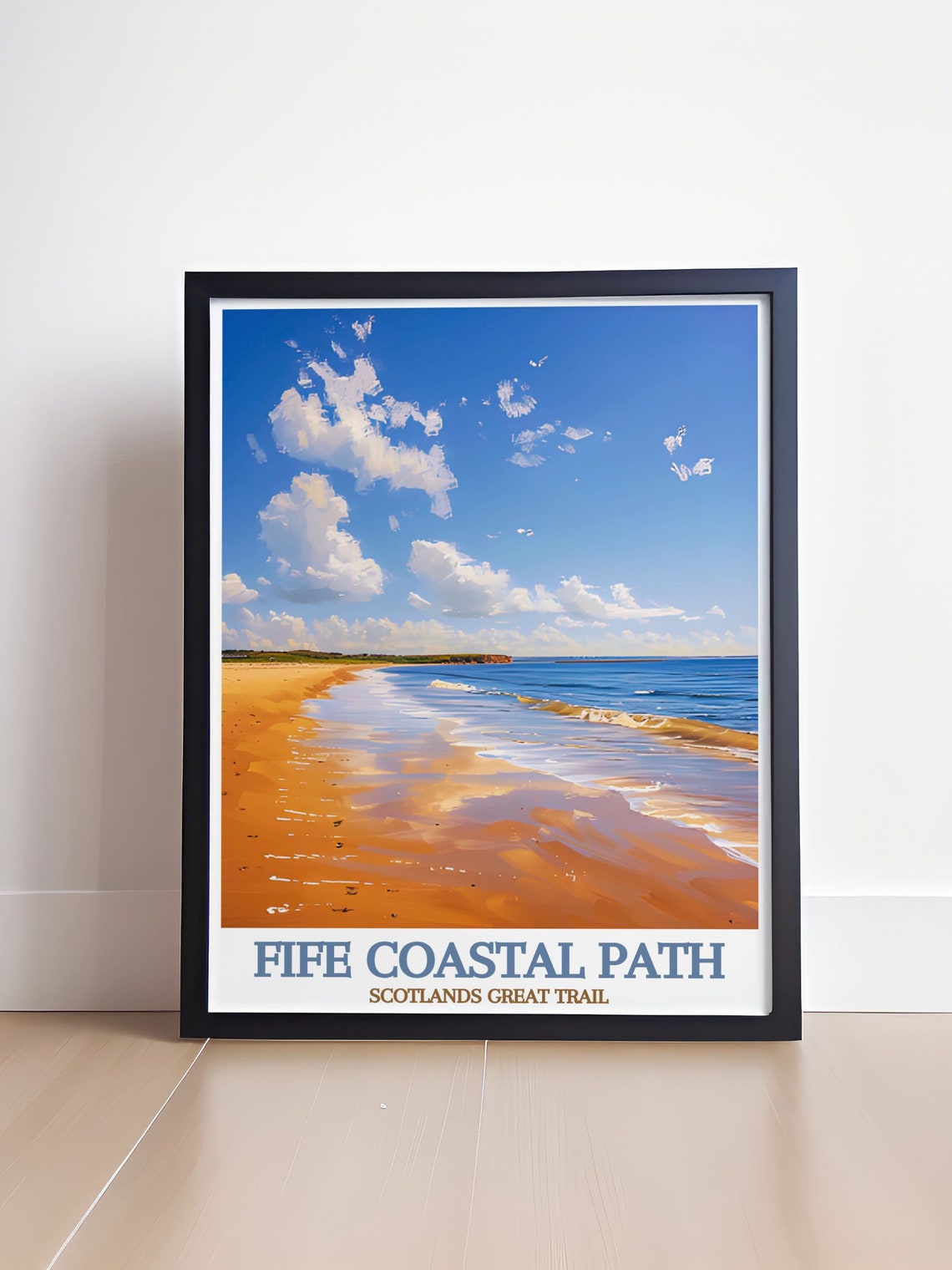 Fife Coastal Path Scotland Golden Beach Waves Under Blue Sky Poster - Image 4