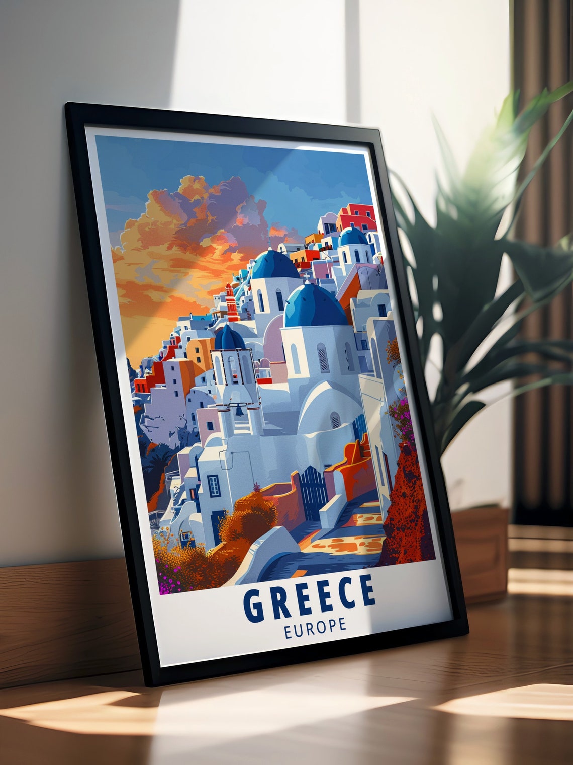Santorini White Village Blue Domes Sunset Greece Travel Poster - Image 2