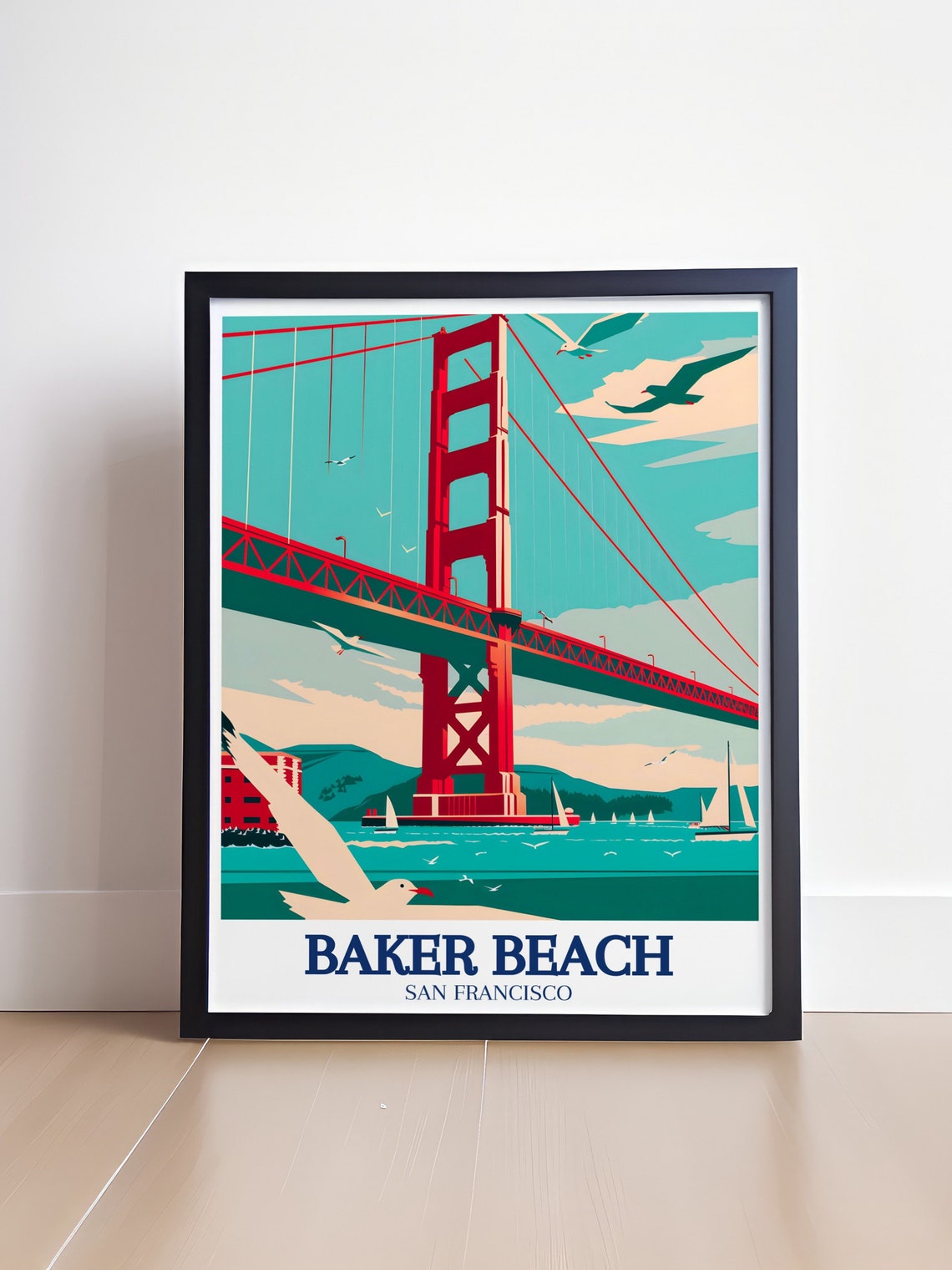 Baker Beach Golden Gate Bridge Poster Retro Seagull Coastal Decor - Image 4