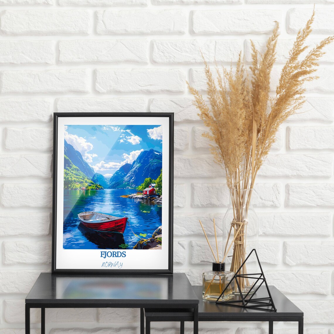 Norwegian Fjord With Red Rowboat And Red Cabin In Norway Poster - Image 2
