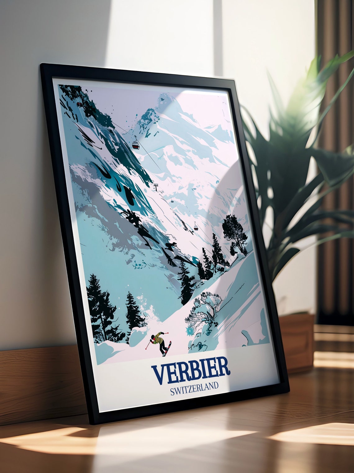 Verbier Switzerland Ski Resort Steep Slopes Gondola Snow Poster - Image 2