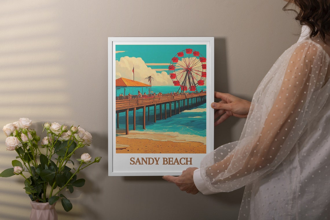 Sandy Beach Pier Ferris Wheel Retro Seaside Nostalgia Poster - Image 2