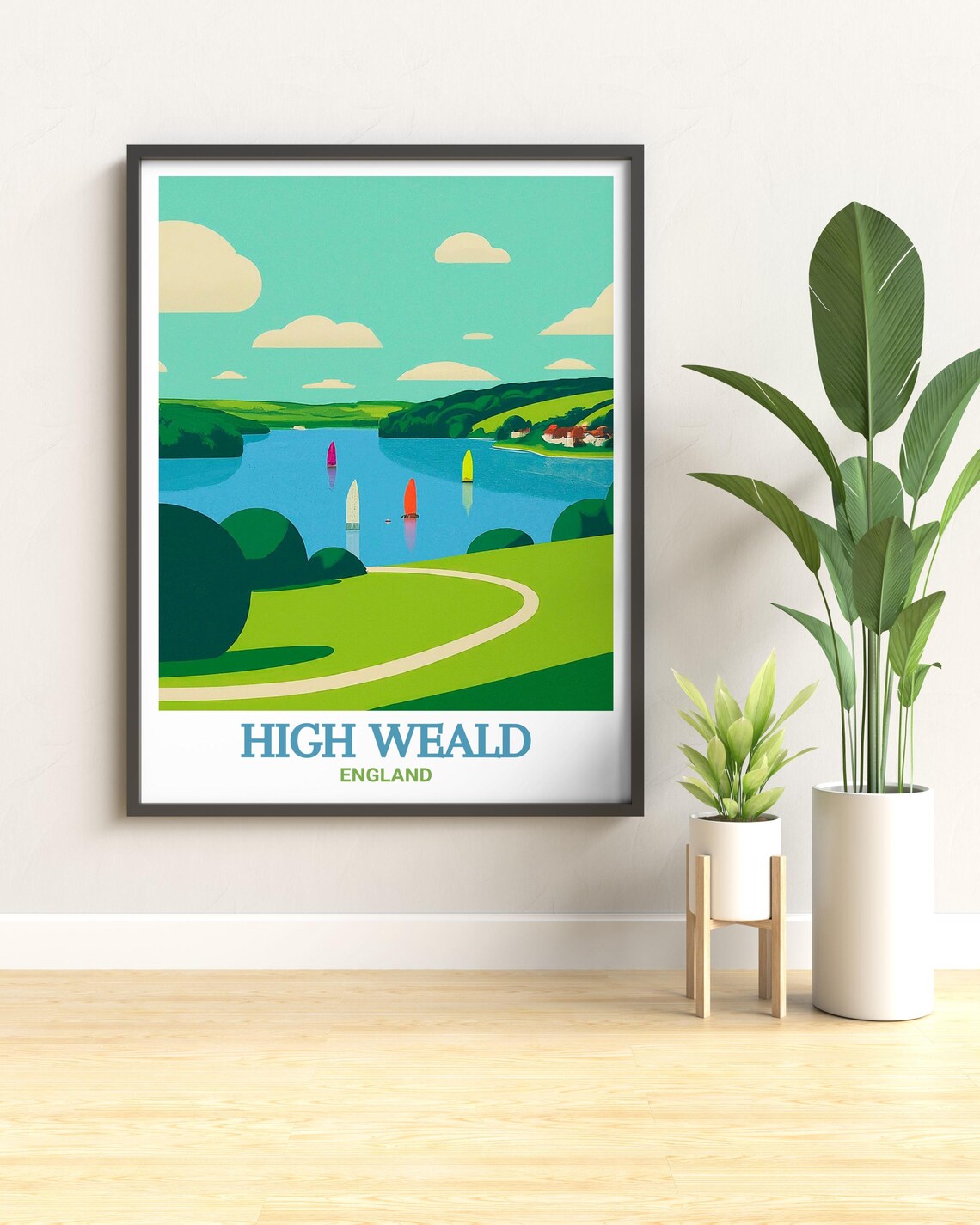 High Weald England Lake Sailboats Rolling Green Hills Travel Poster - Image 2
