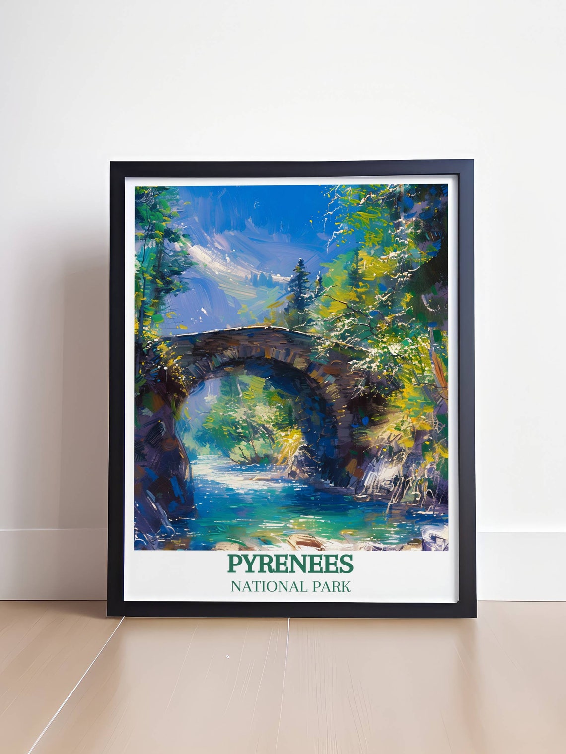 Pyrenees National Park Old Stone Arch Bridge Turquoise River Poster - Image 4