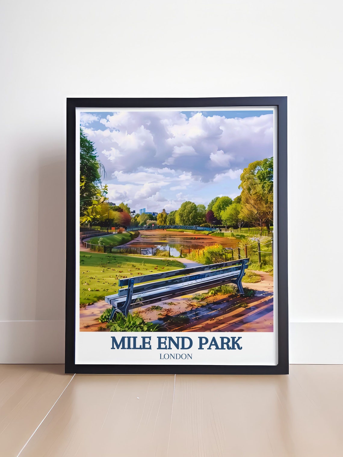Mile End Park London Bench Overlooking Lake and Bridge Poster - Image 4