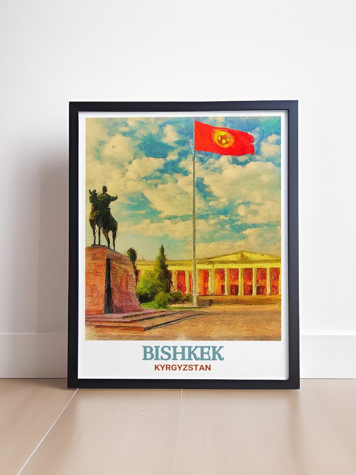 Bishkek Ala-Too Square Manas Statue and Waving Flag Art Poster - Image 4