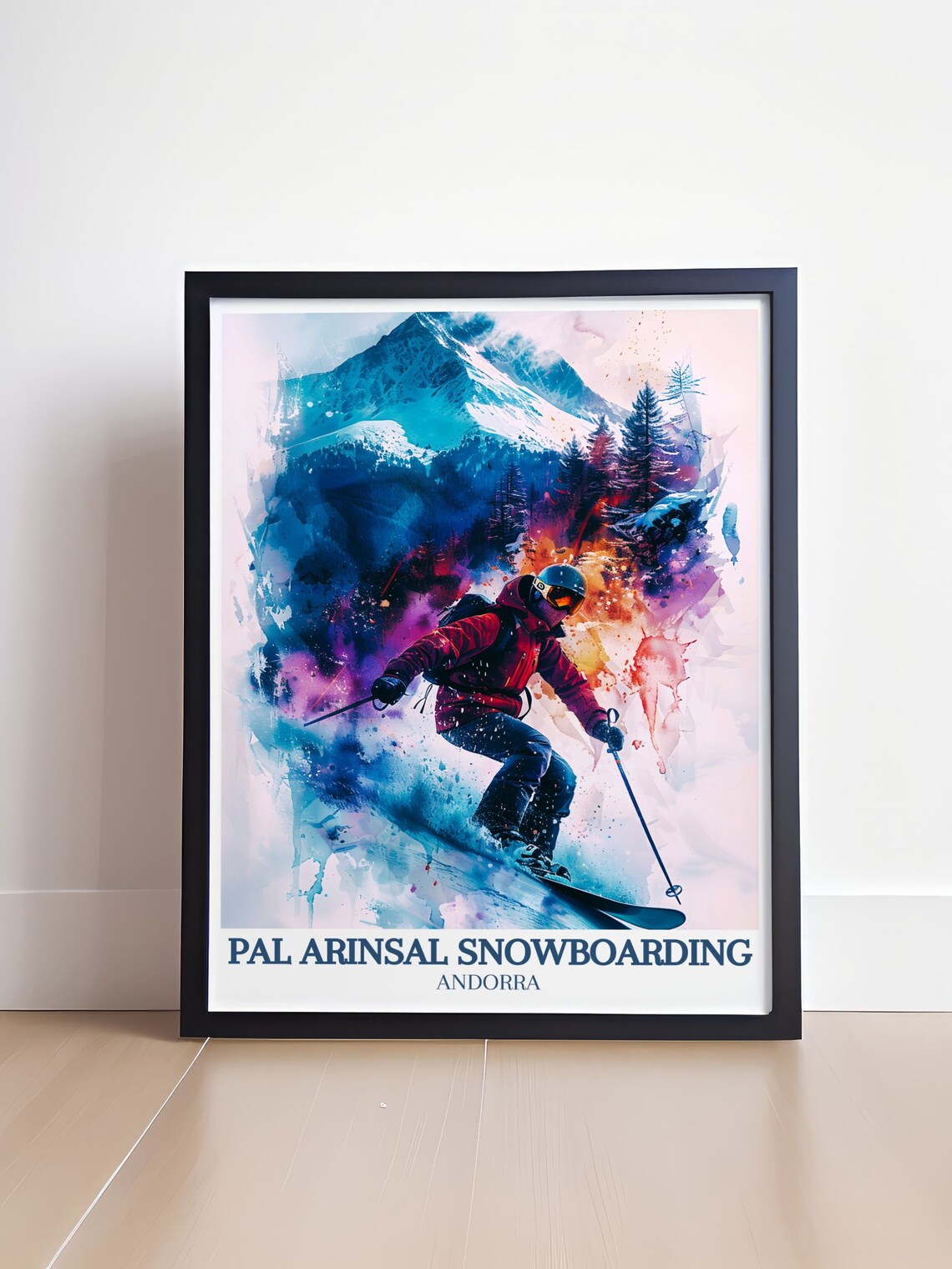 Pal Arinsal Skier Carving Powder in a Colorful Watercolor Poster - Image 4