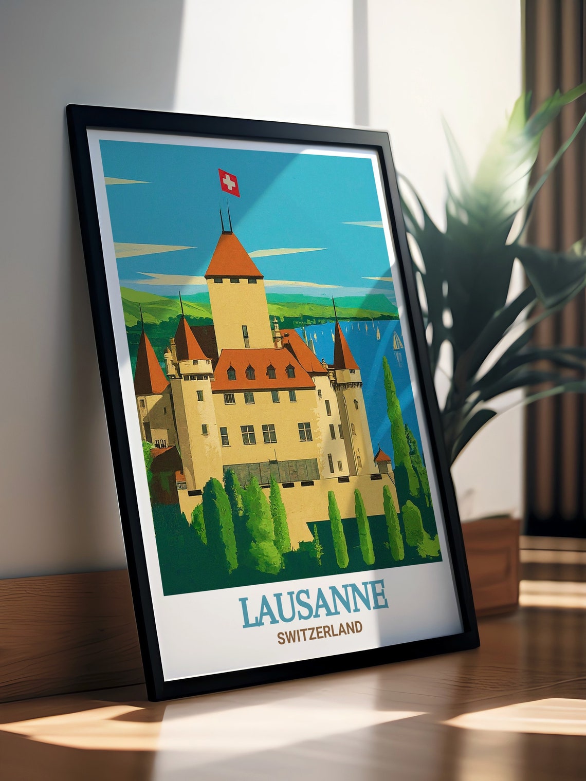 Lausanne Switzerland Chateau Ouchy Castle Lake Geneva Flag Poster - Image 3