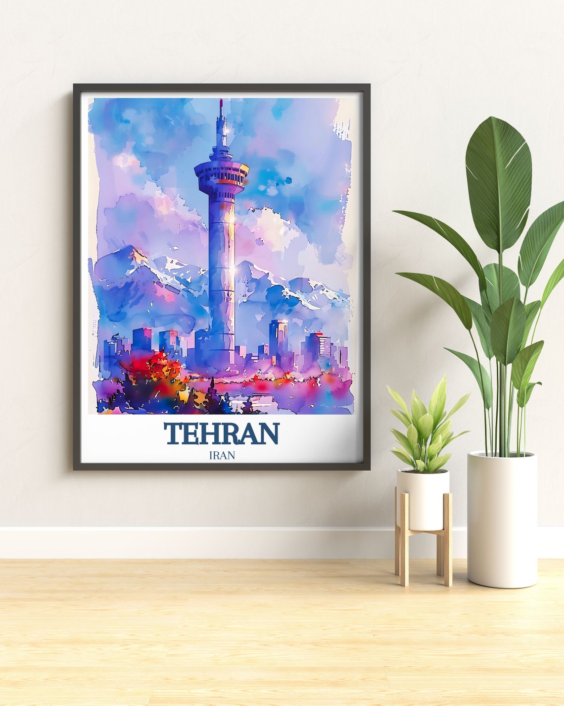 Dreamy Tehran Iran Milad Tower Watercolor Skyline Travel Poster - Image 2