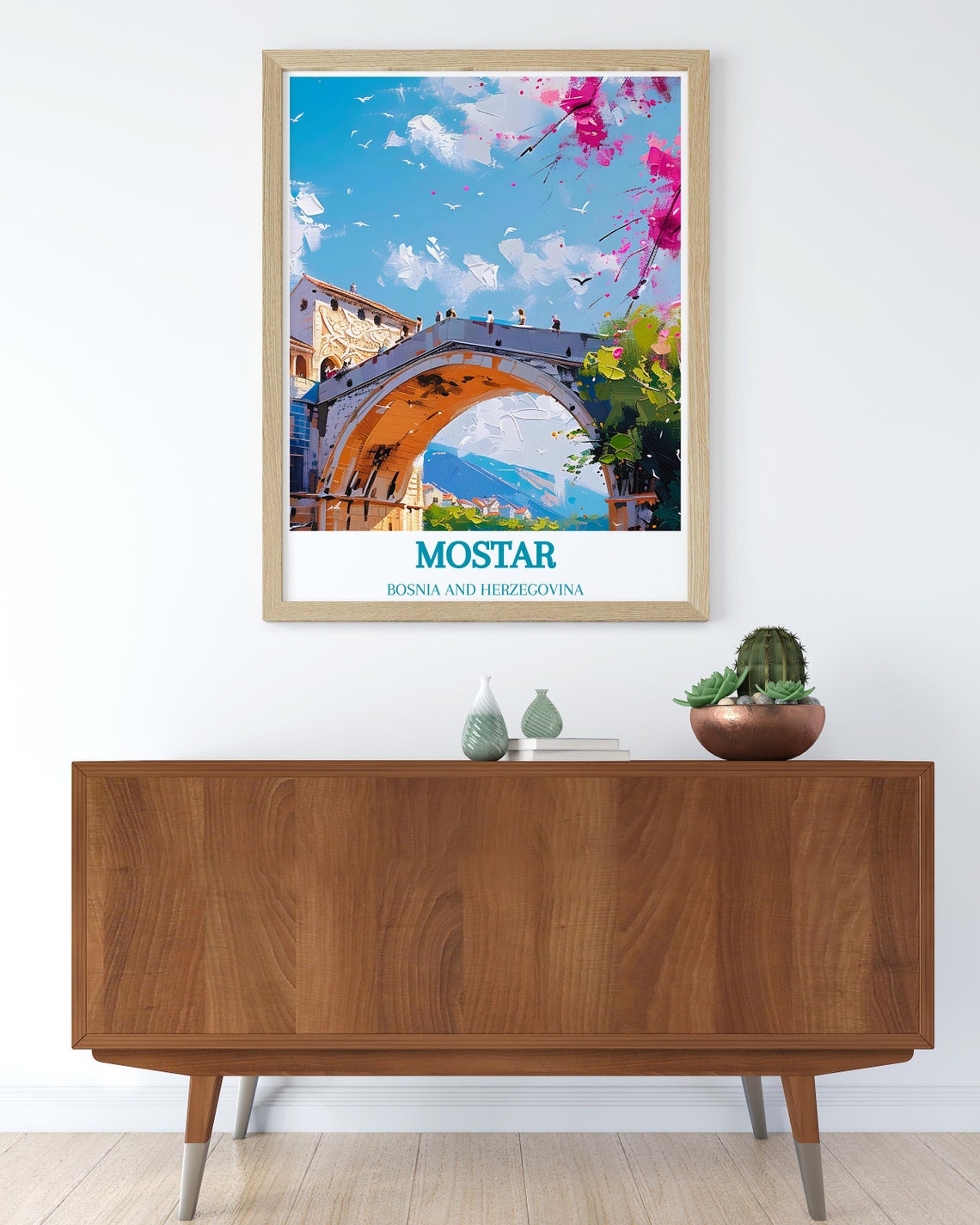 Mostar Stari Most Old Bridge Pink Blossom Watercolor Scene Poster - Image 2