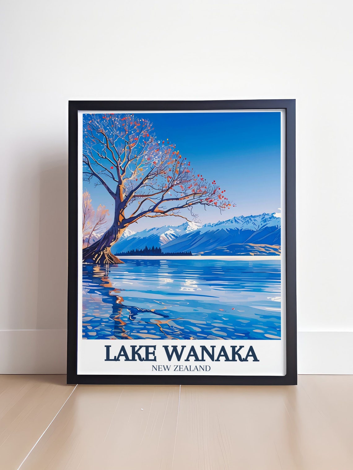 Lake Wanaka New Zealand Island Tree Mountain View Scenic Travel Poster - Image 3