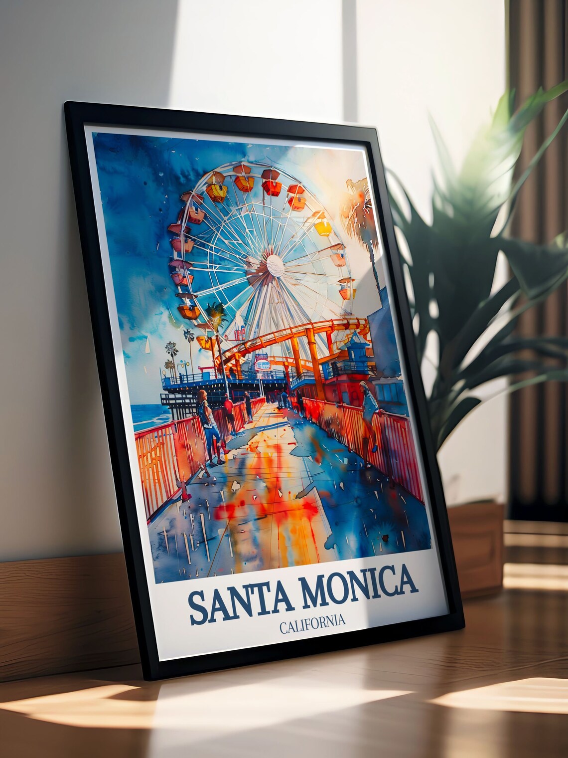 Santa Monica California Pier Ferris Wheel Watercolor Travel Poster - Image 2