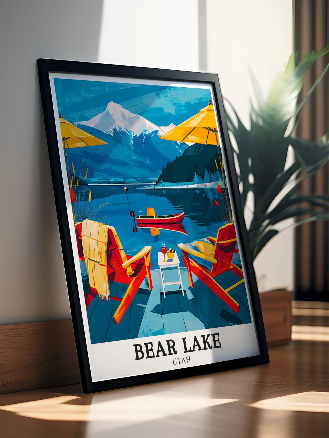 Bear Lake Utah Lakeside Deck Red Chairs Canoe Mountain View Art Poster - Image 2