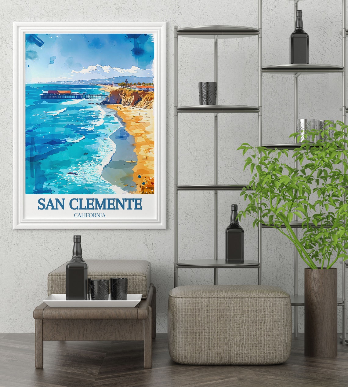 San Clemente California Pier Watercolor Beach Scene Travel Poster - Image 2