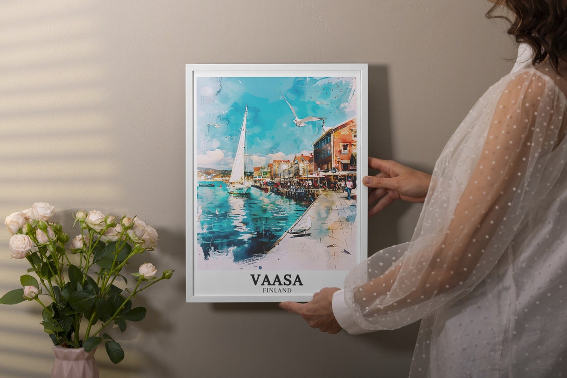 Vaasa Finland Watercolor Harbor Sailboat Seagulls Waterfront Poster - Image 2