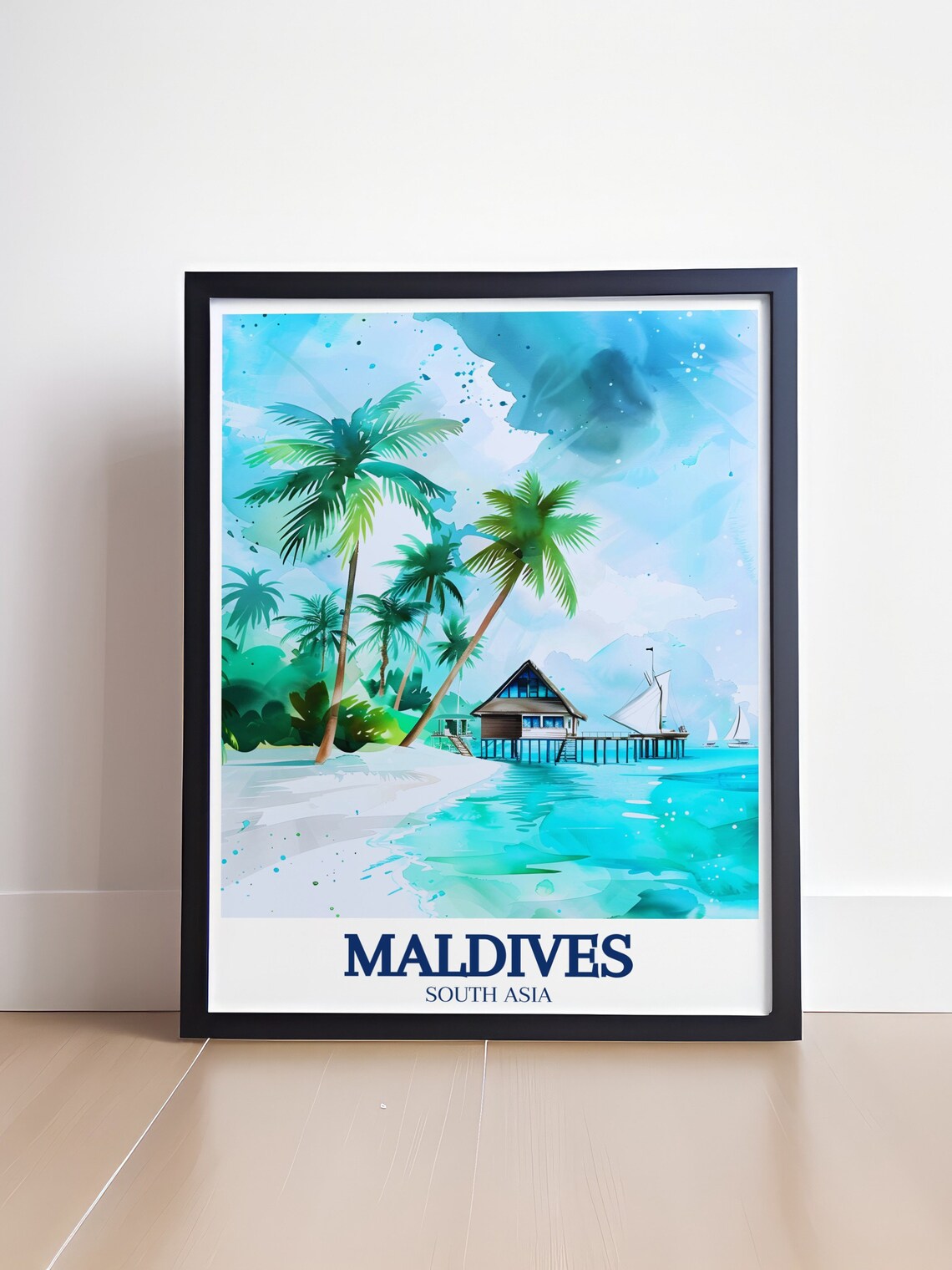 Maldives Beach Overwater Villa Palms Watercolor Travel Poster - Image 4