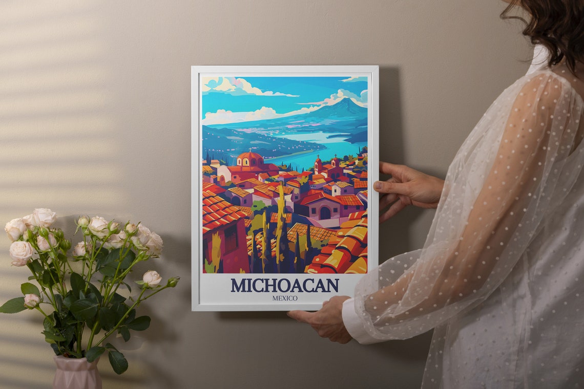 Michoacan Mexico Lakeside Town Rooftops Volcano View Travel Poster - Image 2