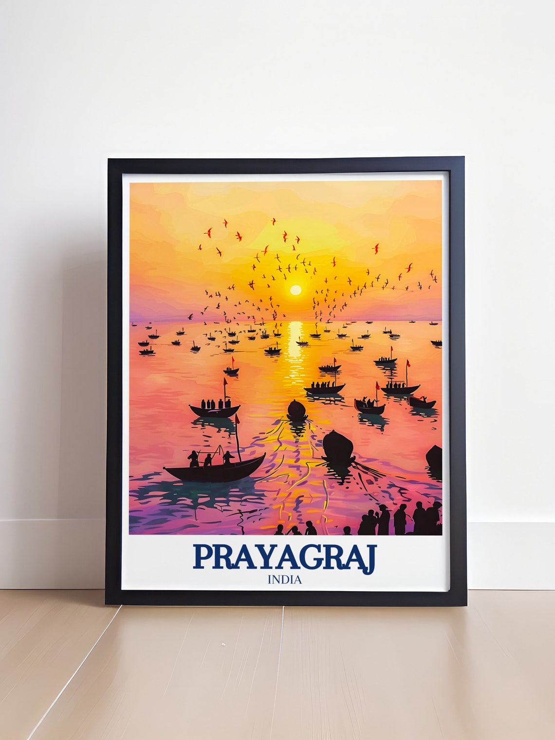 Prayagraj India Sunrise Boats River Birds Silhouette Scene Poster - Image 4