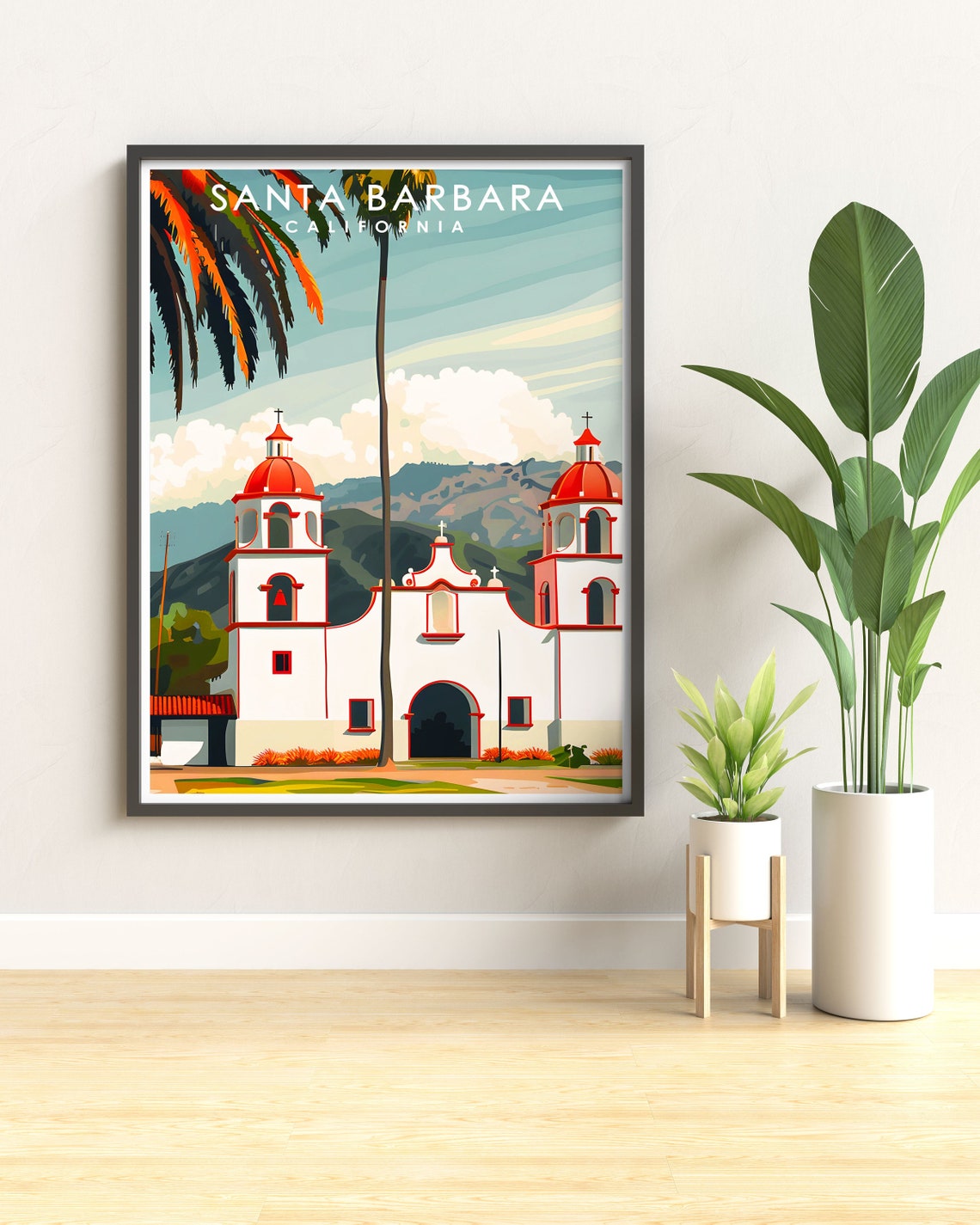 Santa Barbara Mission Red Domes Palm Trees Spanish Travel Poster - Image 3