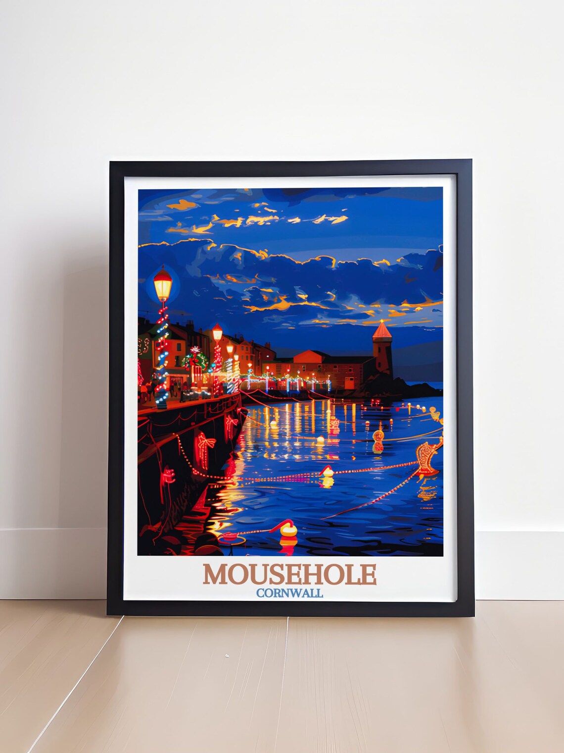 Mousehole Cornwall Christmas Lights Harbour Night Festive Travel Poster - Image 4