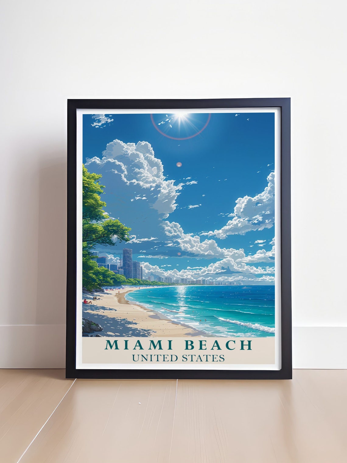 Miami Beach Sunny Shoreline With City Skyline And Clouds Poster - Image 4