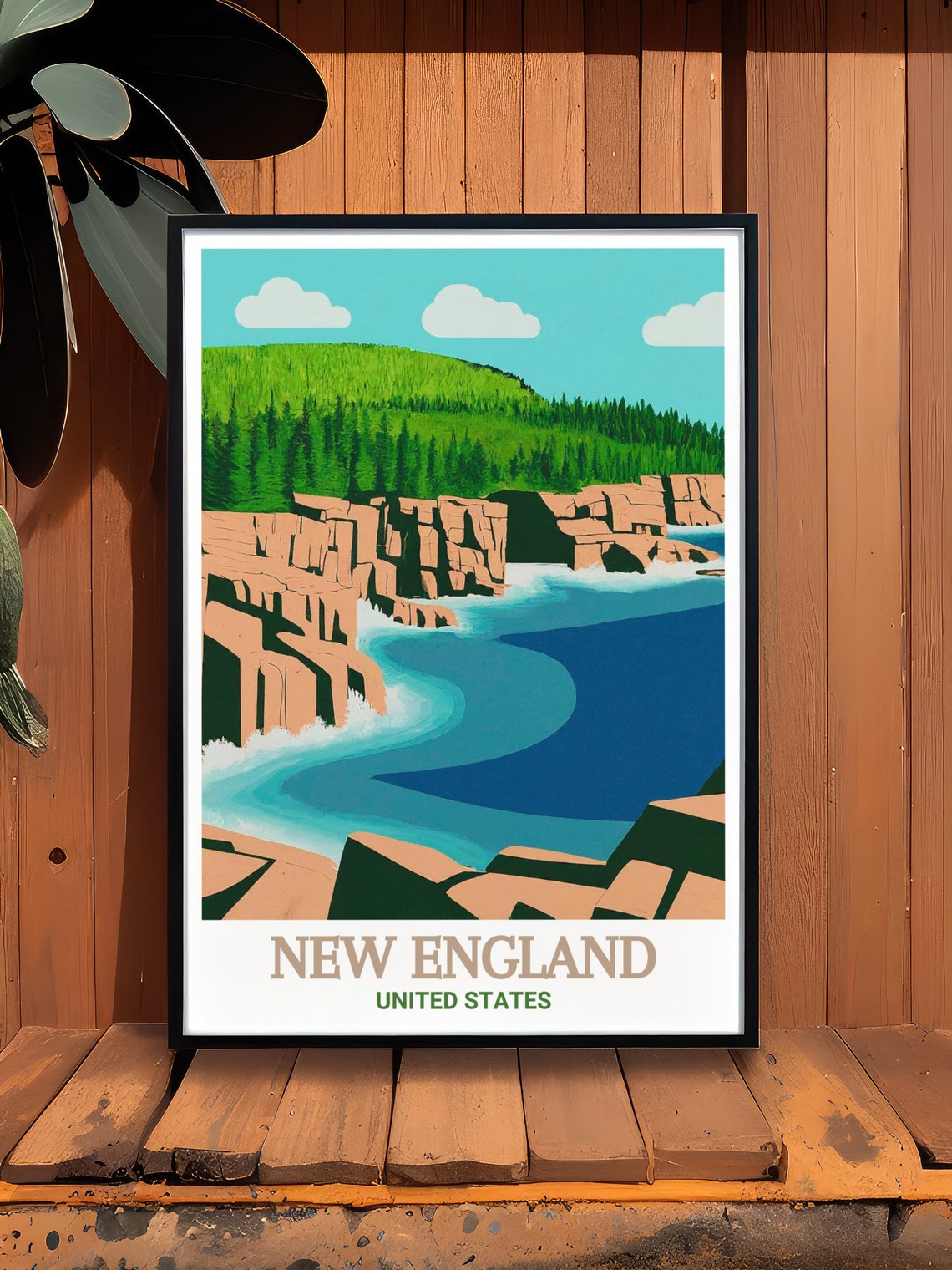 New England Rocky Cliffs Teal Ocean Waves Coastal Travel Poster - Image 2