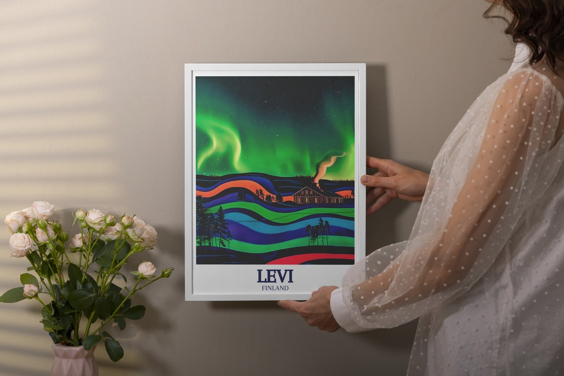 Levi Finland Aurora Borealis Poster With Northern Lights Cabin - Image 3