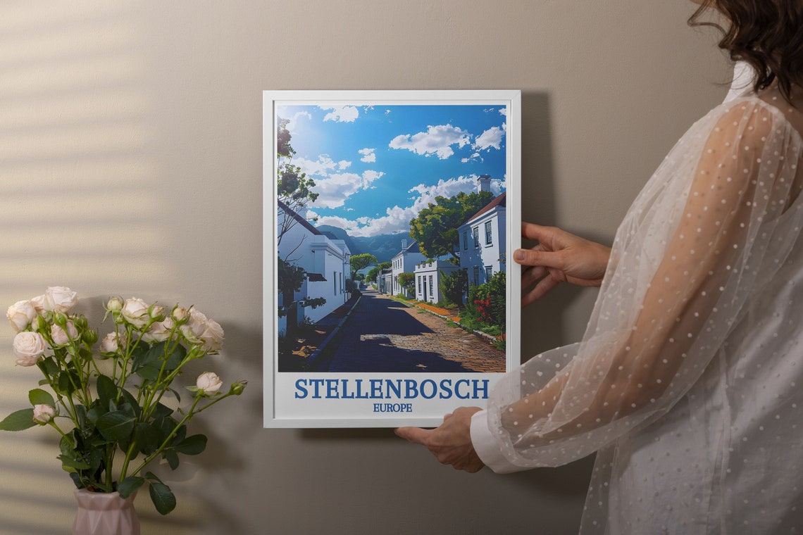Stellenbosch Historic Cobblestone Street White Cape Homes Poster - Image 2