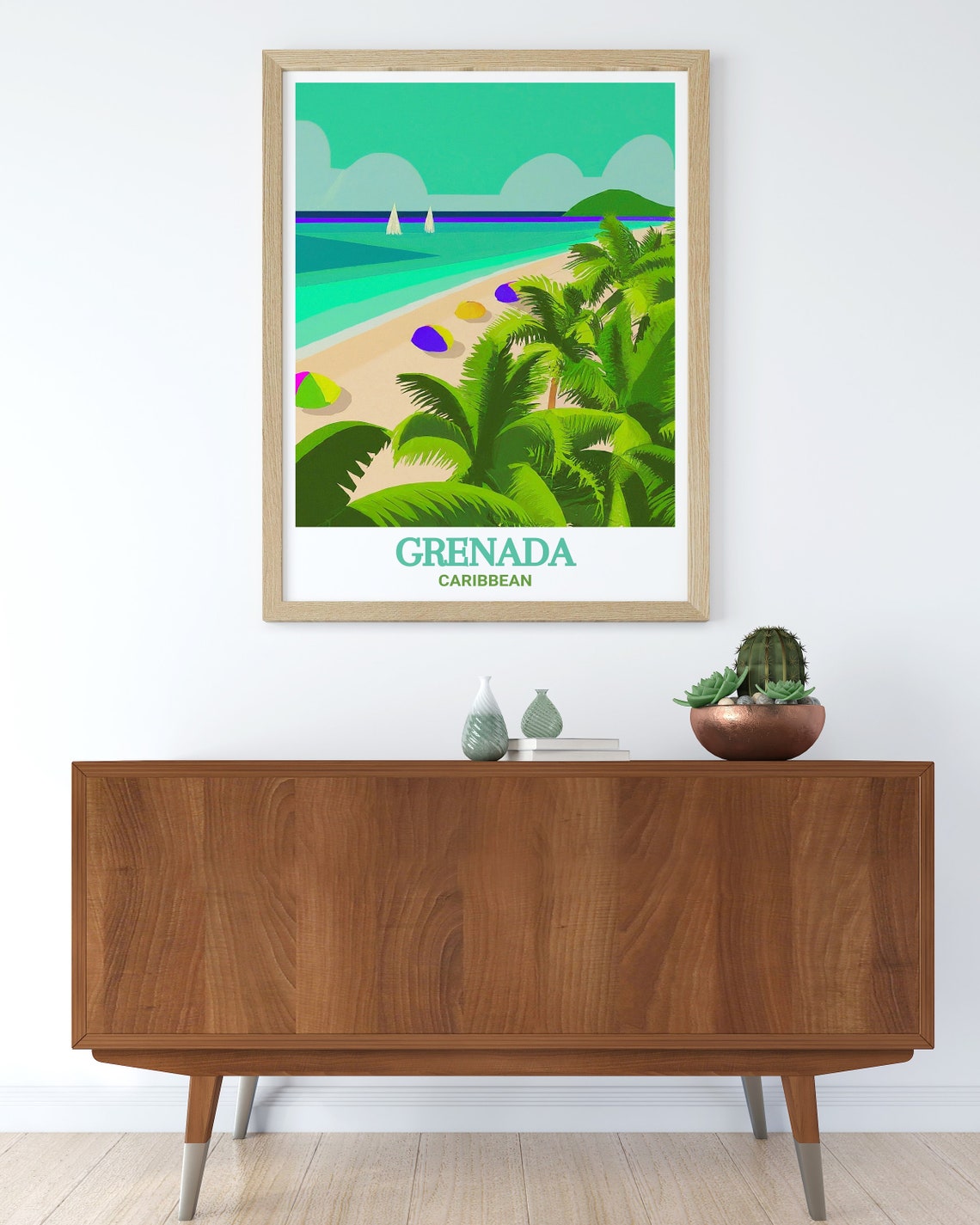 Grenada Palm Beach With Sailboats Colorful Umbrellas Caribbean Poster - Image 3