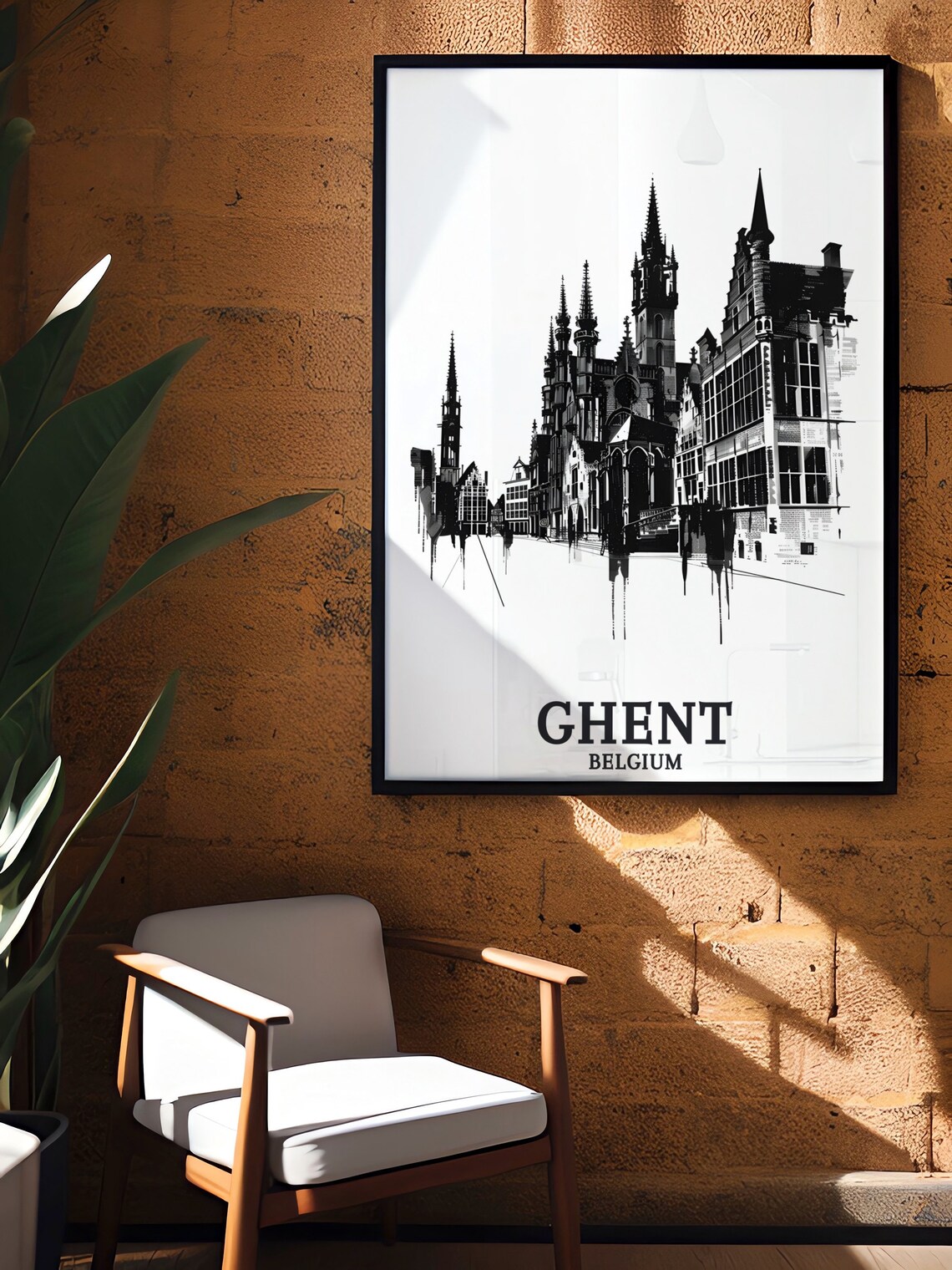 Ghent Belgium Cloth Hall Black And White Architectural Sketch Poster - Image 2