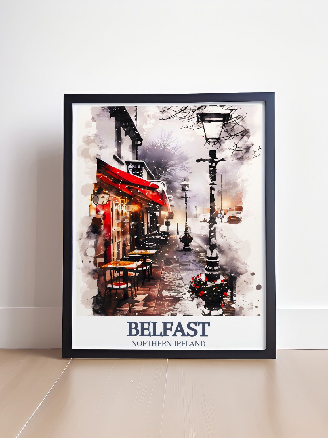 Belfast Northern Ireland Snowy Cafe Street Winter Art Poster - Image 4
