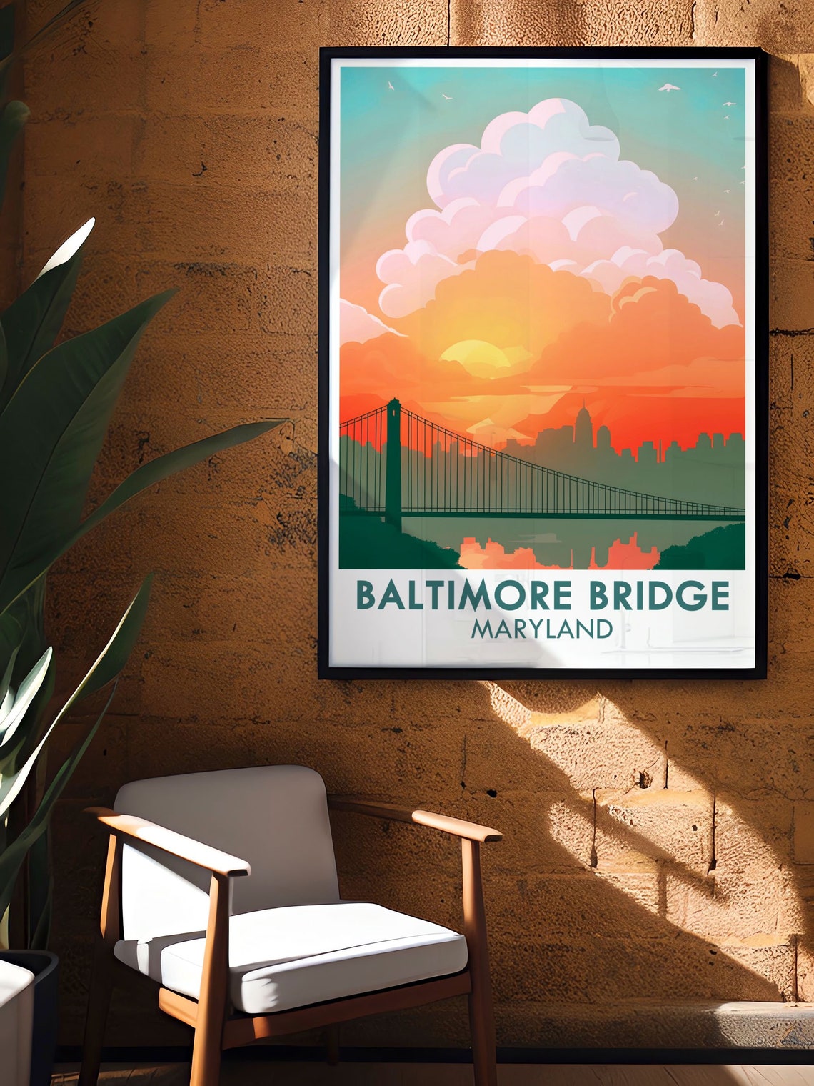 Baltimore Bridge Suspension Sunset Skyline Retro Travel Poster - Image 2