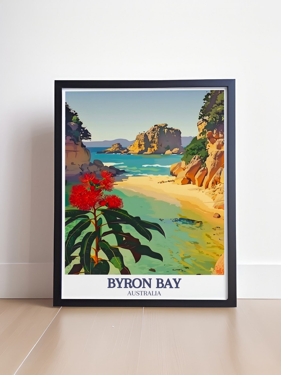 The Pass Byron Bay Cove Red Flowers Australia Coastal Wall Art - Image 4