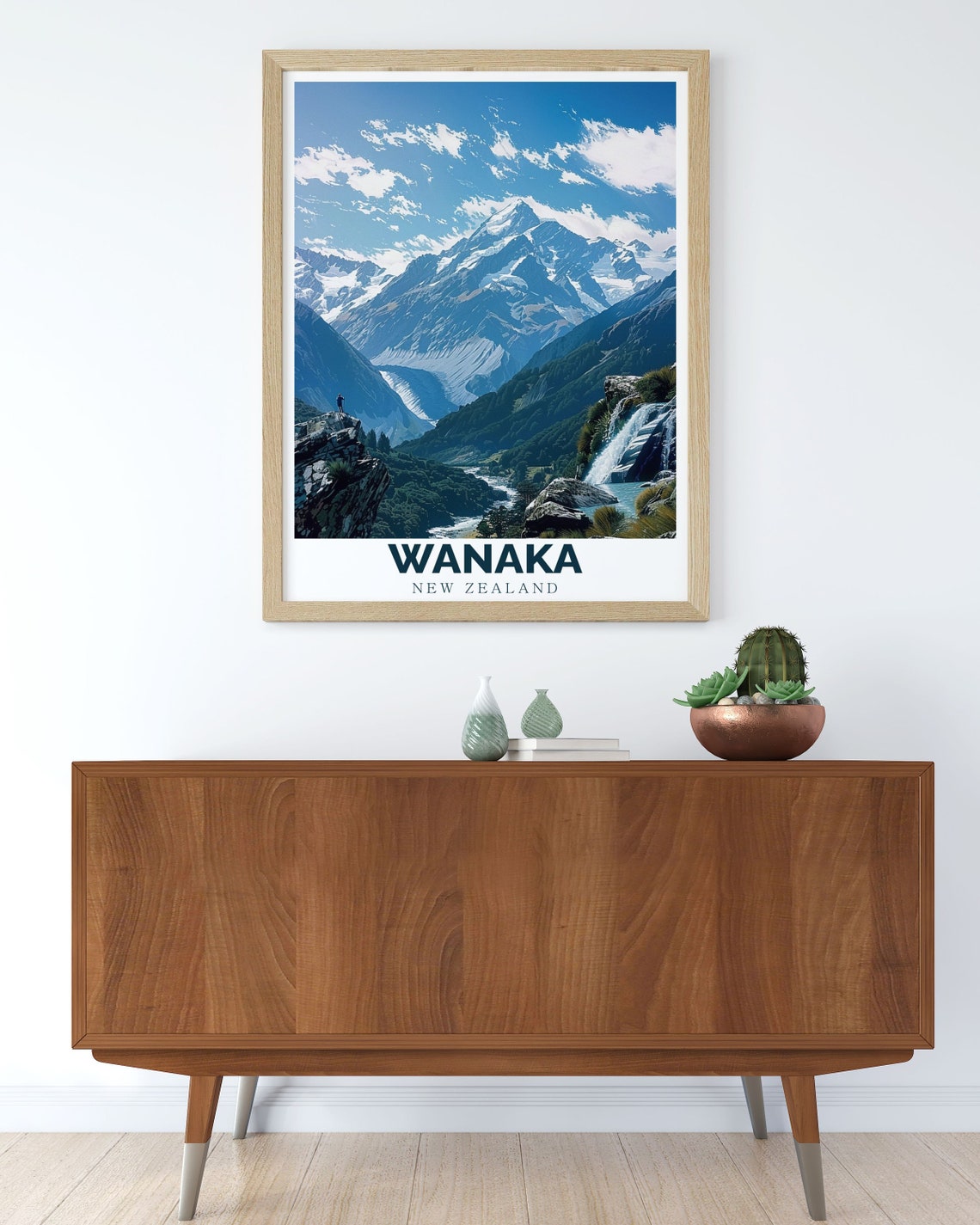 Wanaka New Zealand Mountain Valley Waterfall Hiker Travel Poster - Image 3