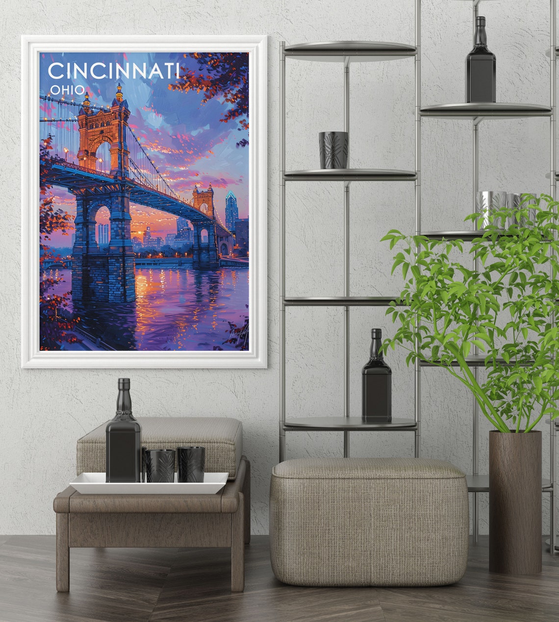Cincinnati Ohio Roebling Bridge Glowing at Sunset Over River Poster - Image 2