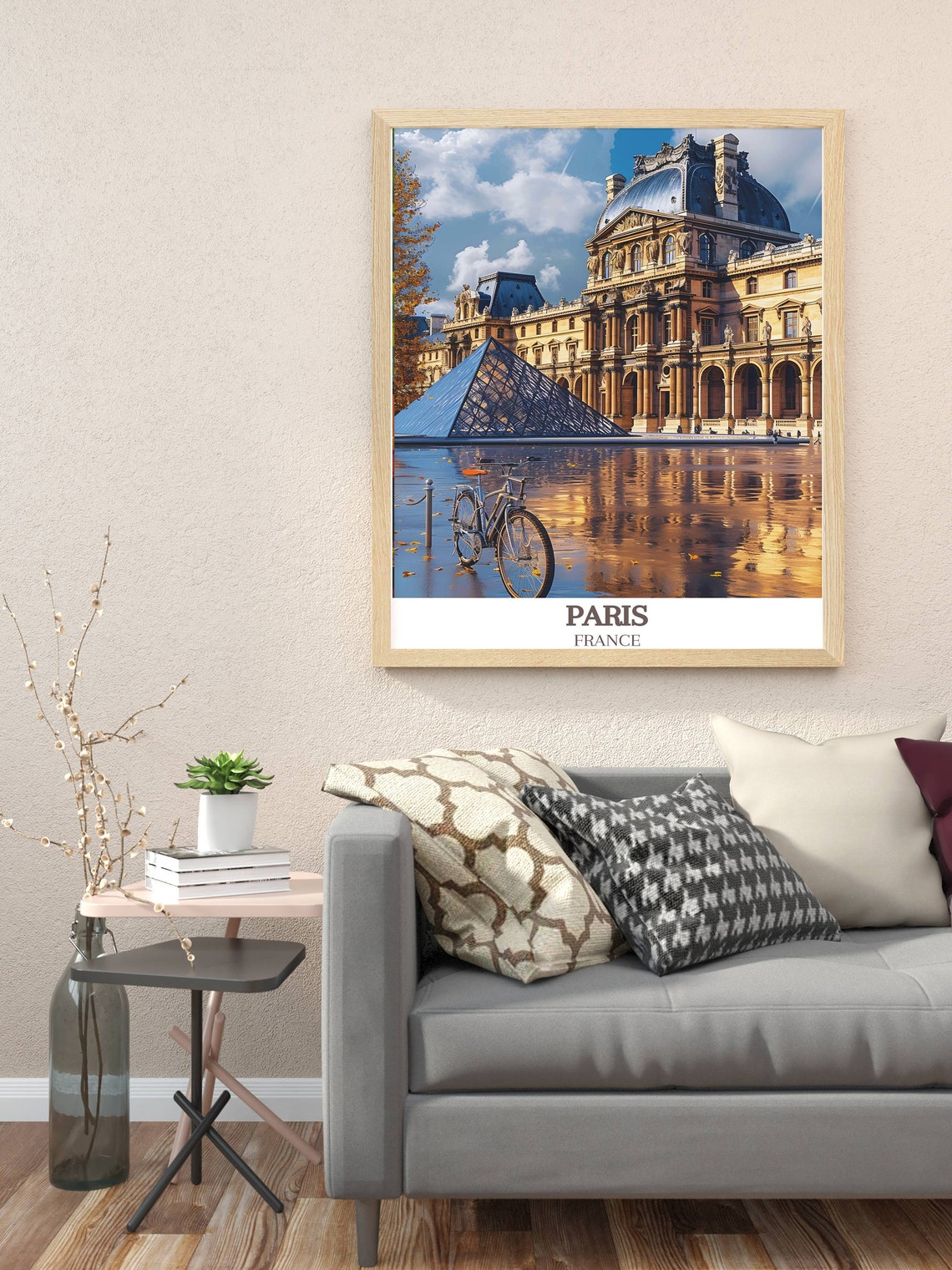 Paris France Louvre Pyramid Golden Reflections Bicycle Scene Poster - Image 3