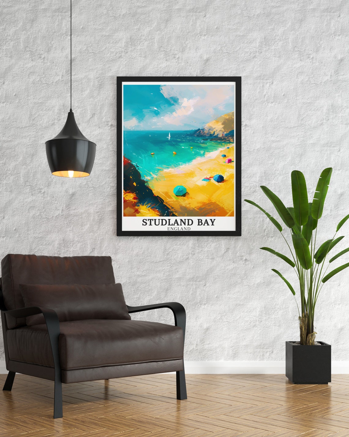 Studland Bay Golden Beach Umbrellas and Sailboats Travel Poster - Image 2