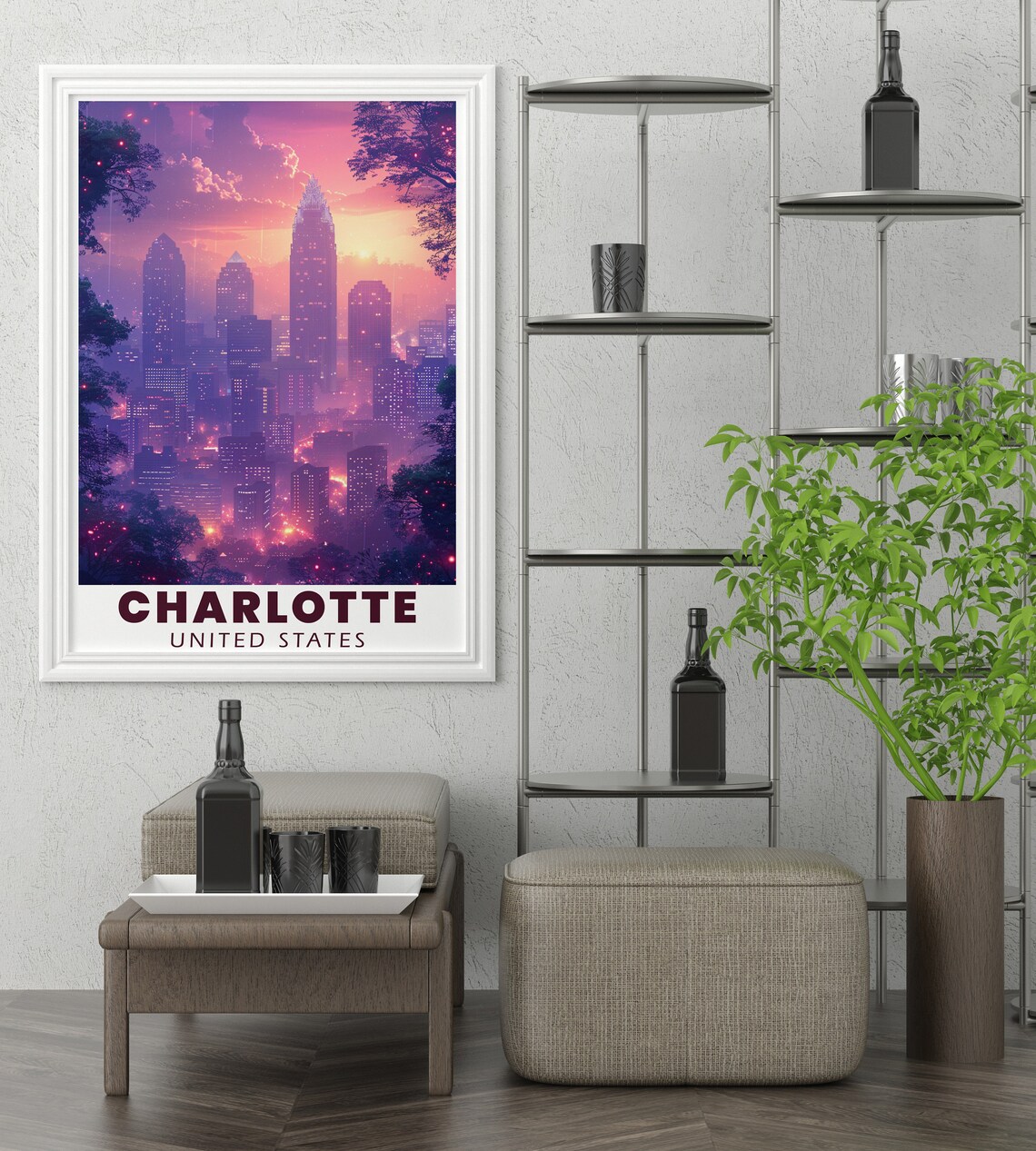 Charlotte North Carolina Night Skyline City Lights Travel Poster - Image 3