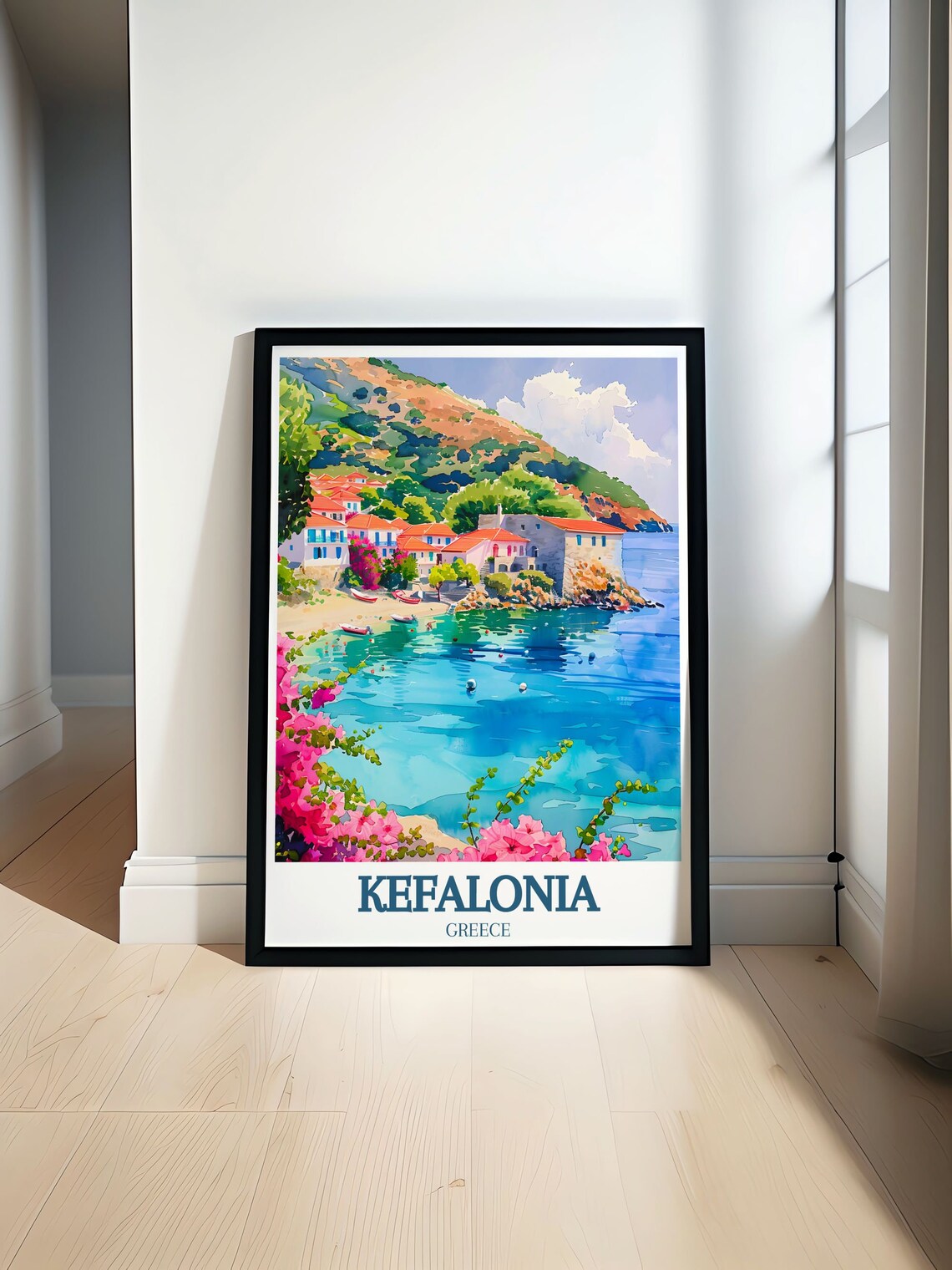 Kefalonia Greece Assos Village Harbor Watercolor Travel Poster