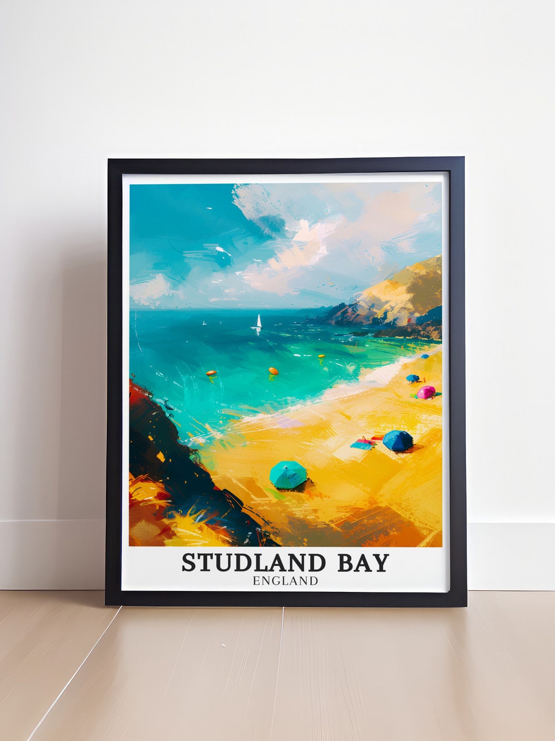 Studland Bay Golden Beach Umbrellas and Sailboats Travel Poster - Image 4