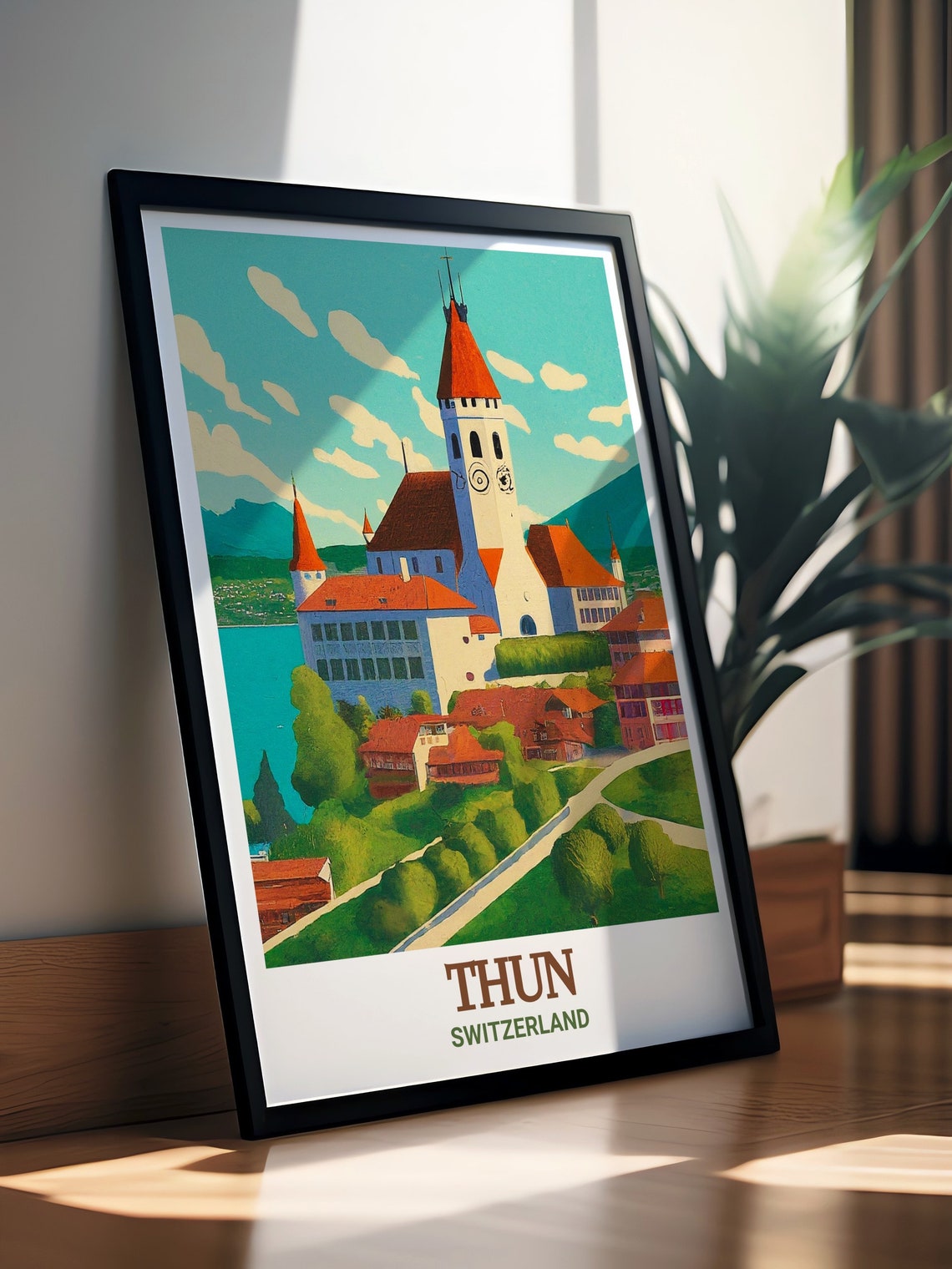 Thun Castle Red Rooftops Above Lakeside Old Town View Poster - Image 3