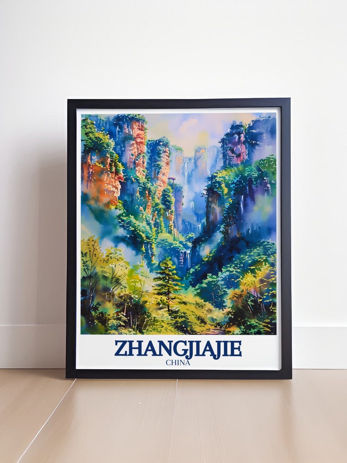 Zhangjiajie China Misty Pillar Forest Watercolor Scenic Travel Poster - Image 4