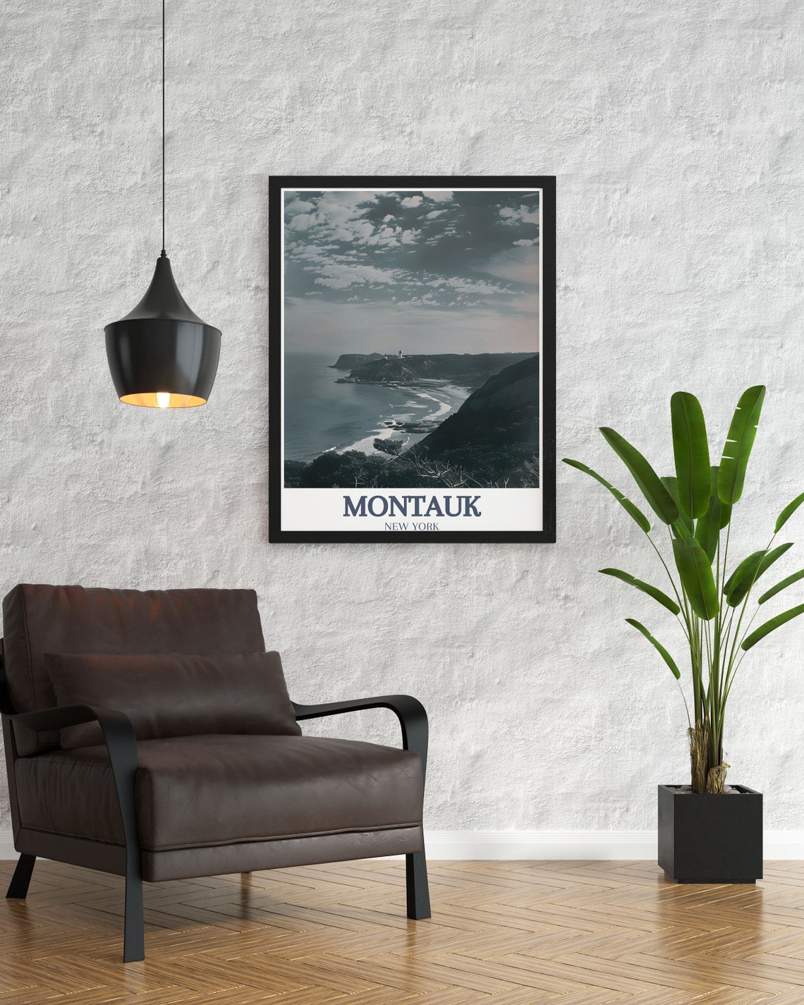 Montauk Moody Coastal Cliffs Lighthouse View Travel Art Poster - Image 2