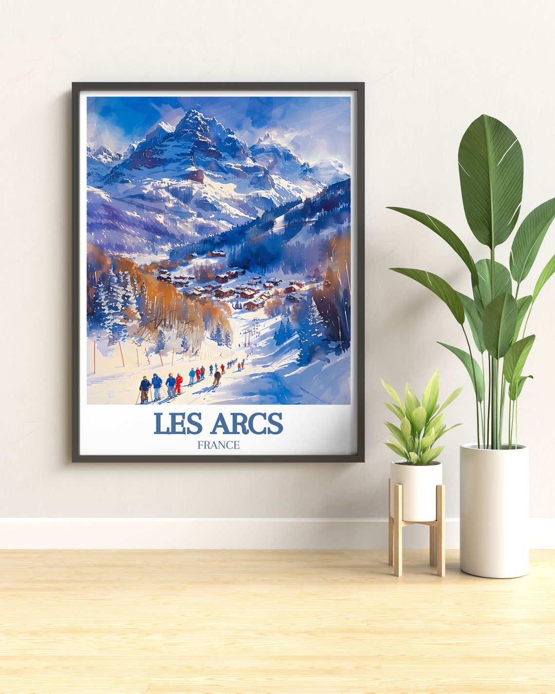 Les Arcs France Skiers Gathering Below Snowy Peaks Village Poster - Image 3